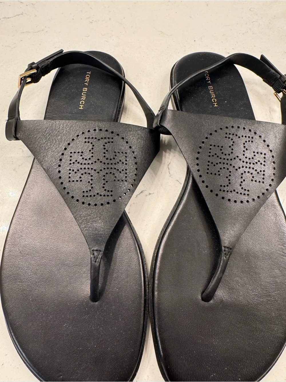 Tory Burch Black Perforated Logo Thong Sandals